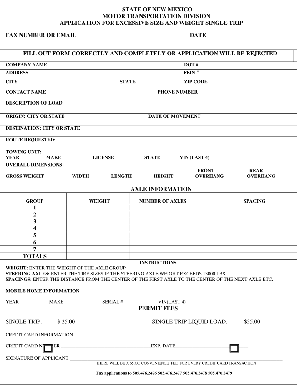 New Mexico Application for Excessive Size and Weight Single Trip Fill