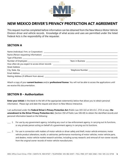 New Mexico Driver's Privacy Protection Act Agreement - Business Entities - New Mexico