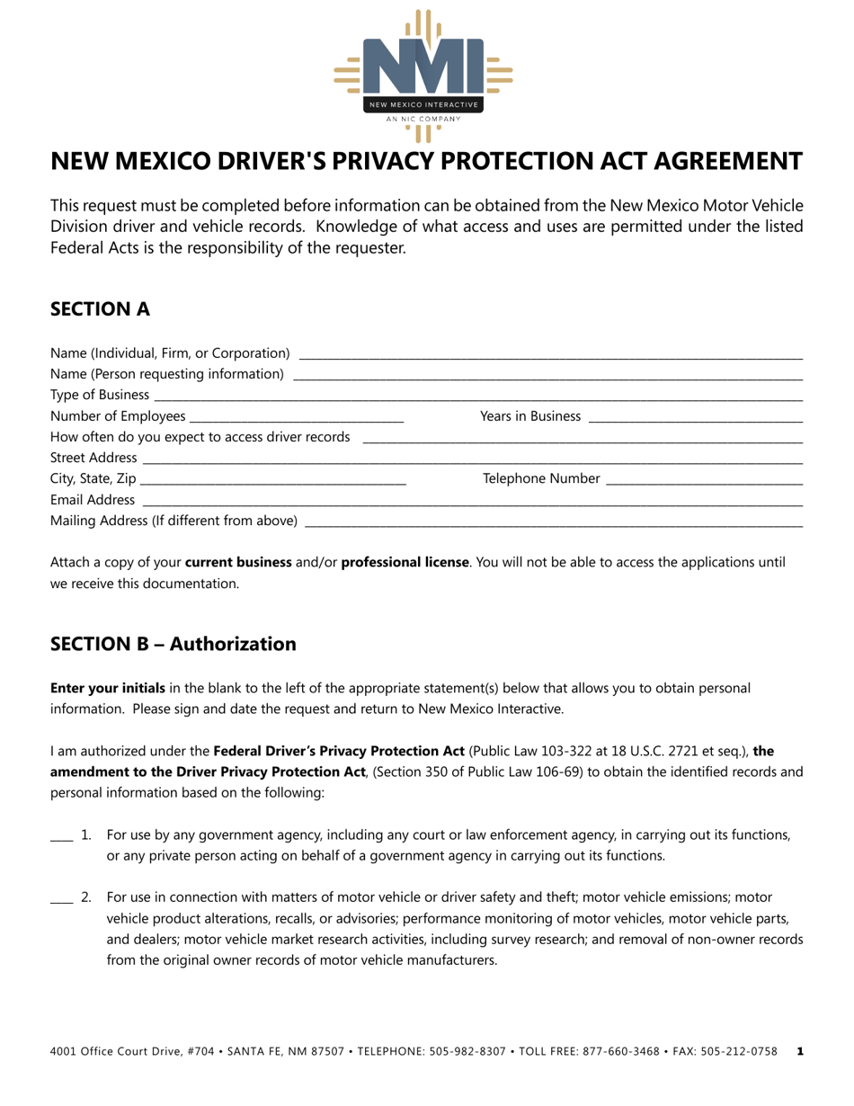 New Mexico Drivers Privacy Protection Act Agreement - Business Entities - New Mexico, Page 1