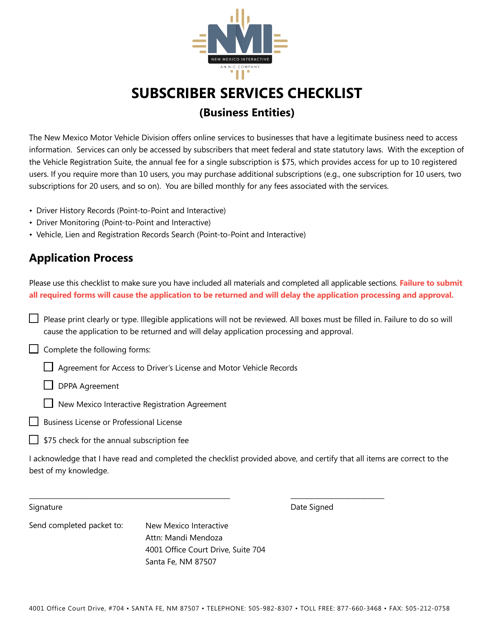 Subscriber Services Checklist (Business Entities) - New Mexico