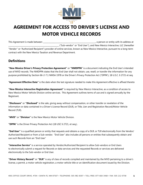 Agreement for Access to Driver's License and Motor Vehicle Records - New Mexico
