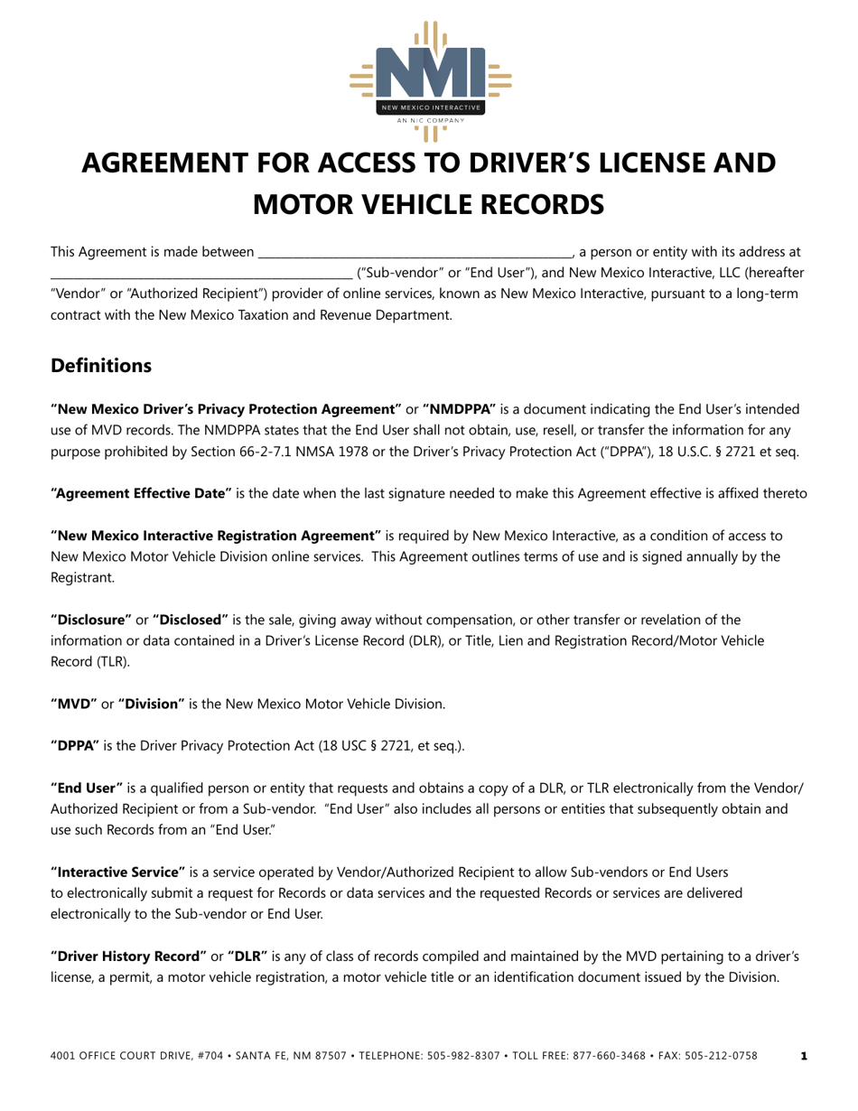 Agreement for Access to Drivers License and Motor Vehicle Records - New Mexico, Page 1