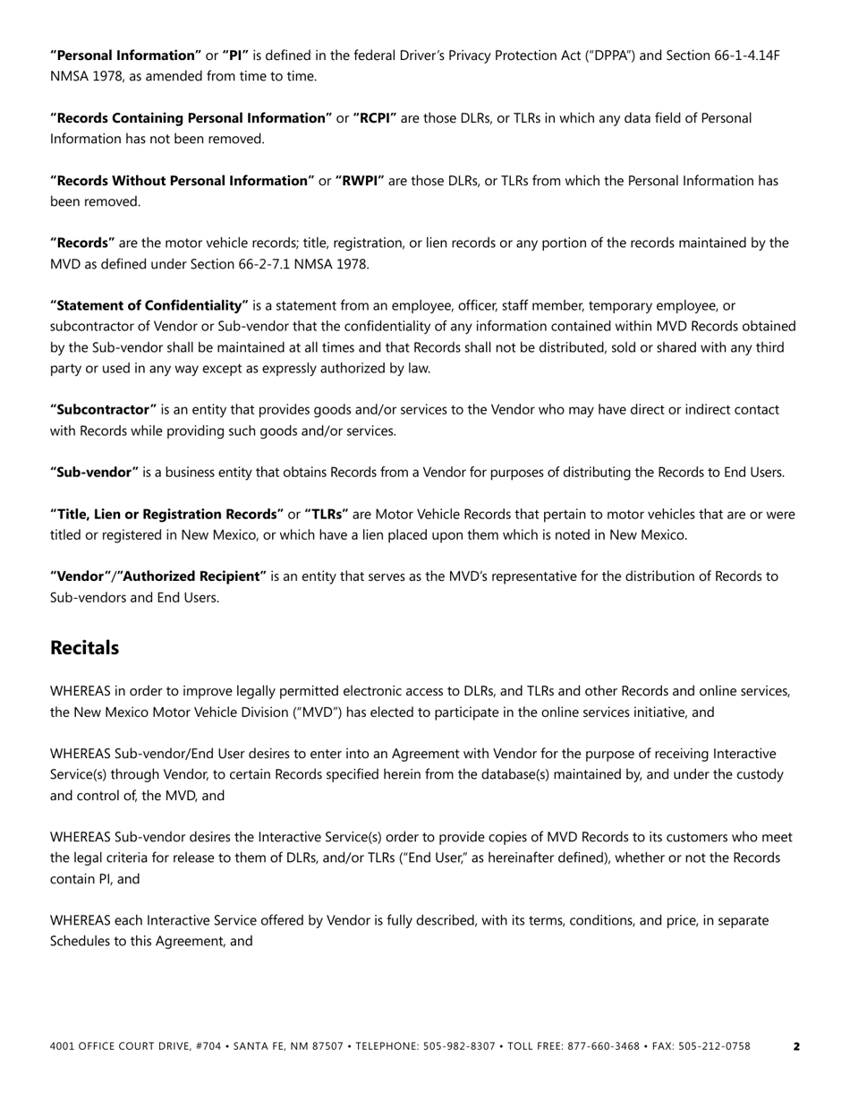 Agreement for Access to Drivers License and Motor Vehicle Records - New Mexico, Page 2