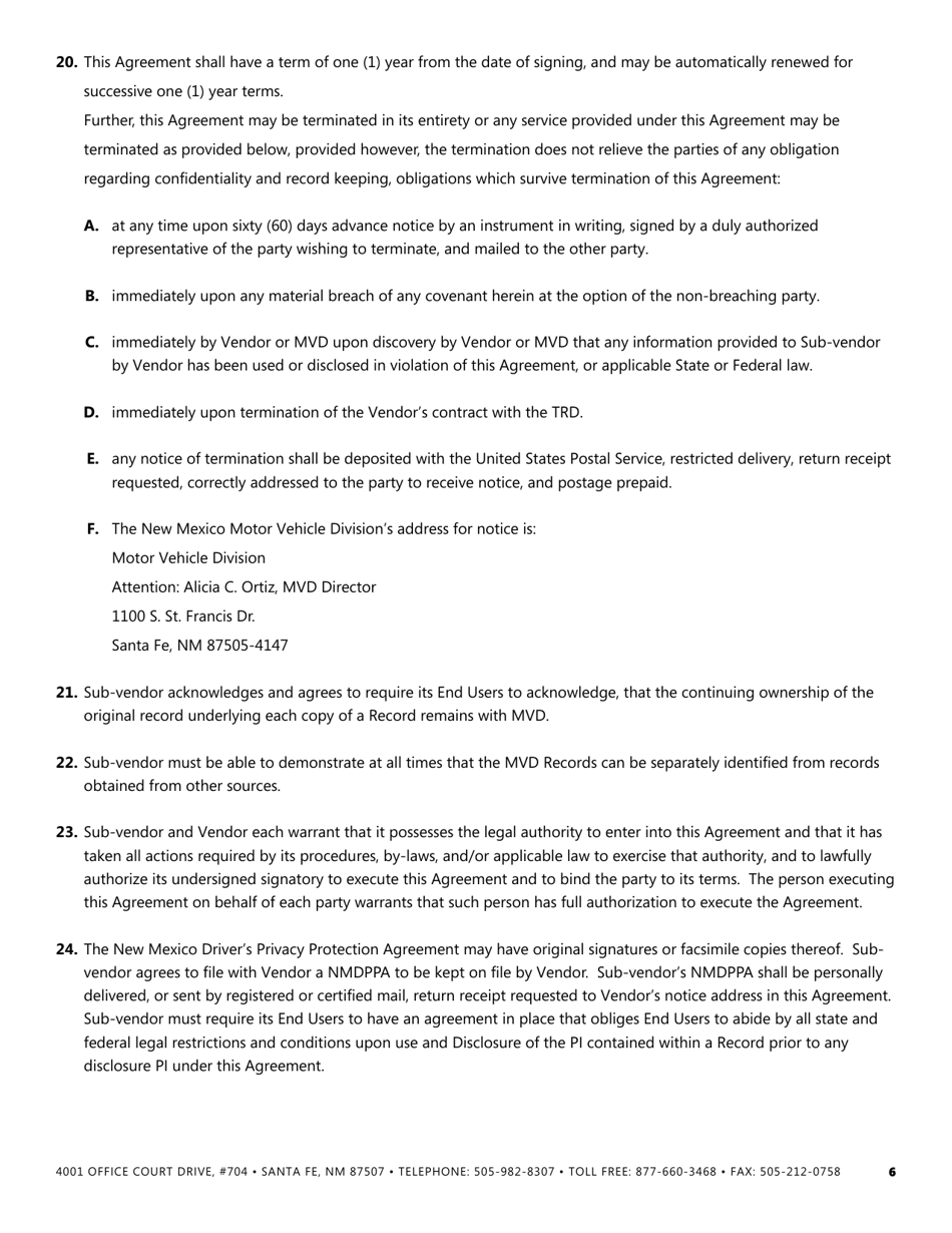 Agreement for Access to Drivers License and Motor Vehicle Records - New Mexico, Page 6