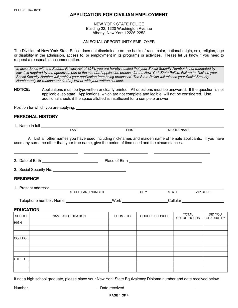 Form PERS-6 Application for Civilian Employment - New York, Page 1
