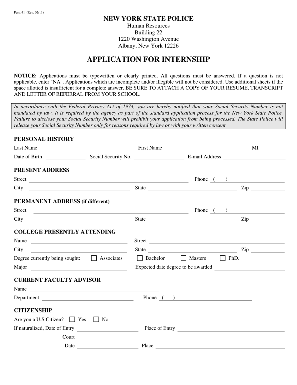 Form Pers.41 Application for Internship - New York, Page 1
