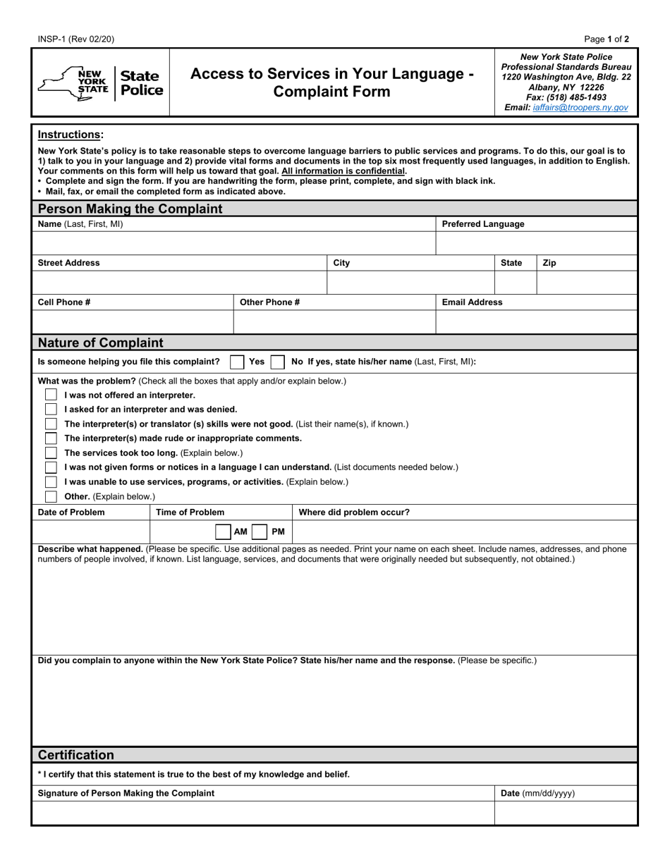 Form INSP-1 Access to Services in Your Language - Complaint Form - New York, Page 1