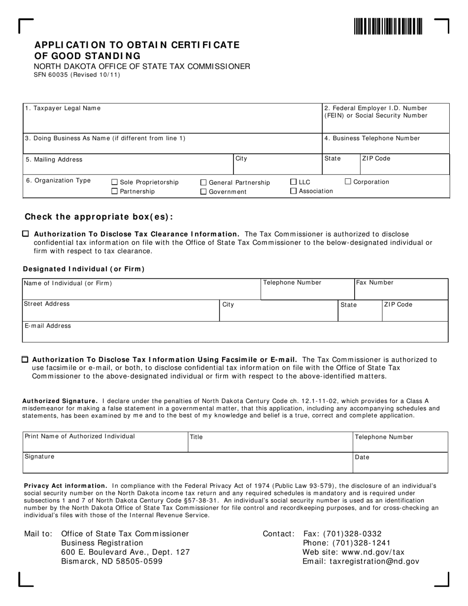 Form SFN60035 Application to Obtain Certificate of Good Standing - North Dakota, Page 1