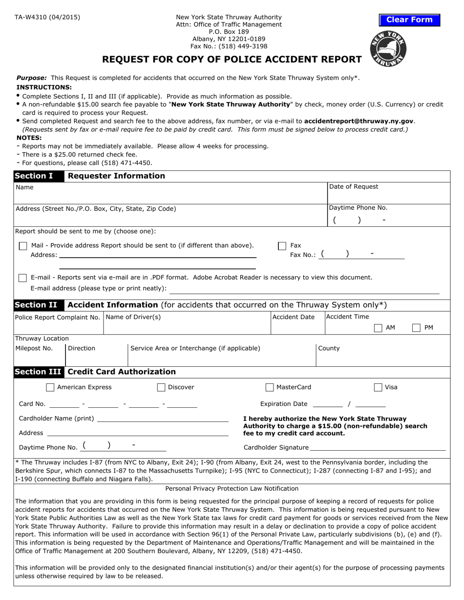 Form TA-W4310 Request for Copy of Police Accident Report - New York, Page 1