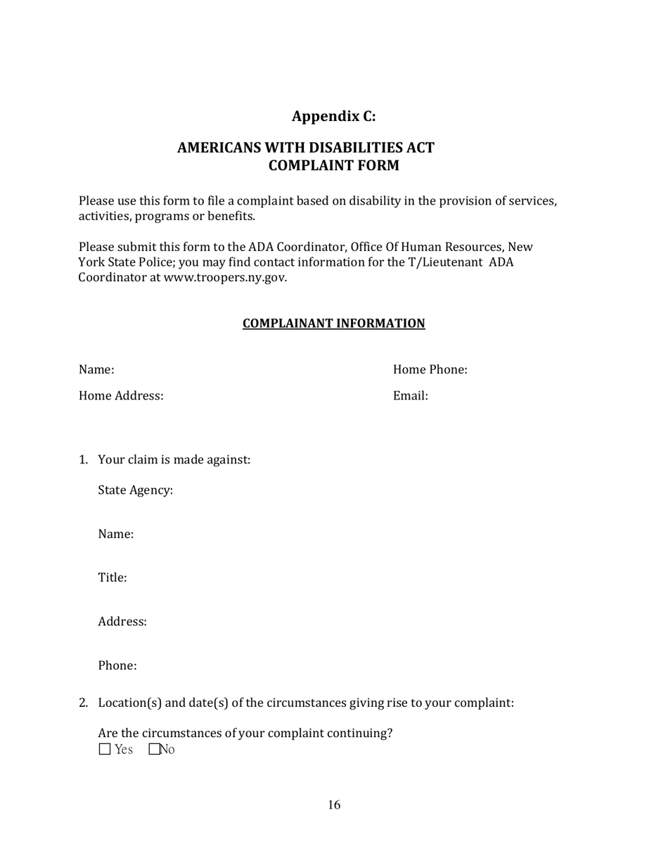 Appendix C Americans With Disabilities Act Complaint Form - New York, Page 1