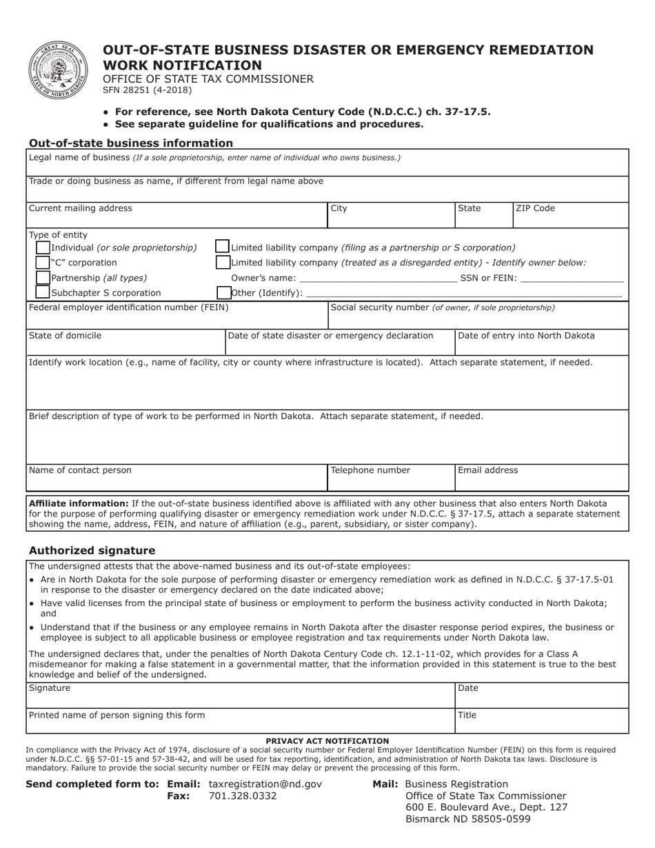 Form SFN28251 Out-of-State Business Disaster or Emergency Remediation Work Notification - North Dakota, Page 1