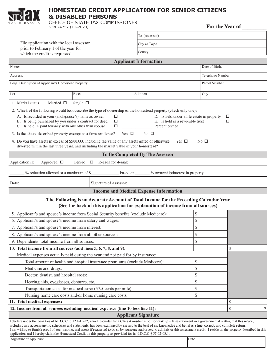 Form SFN24757 Homestead Credit Application for Senior Citizens  Disabled Persons - North Dakota, Page 1
