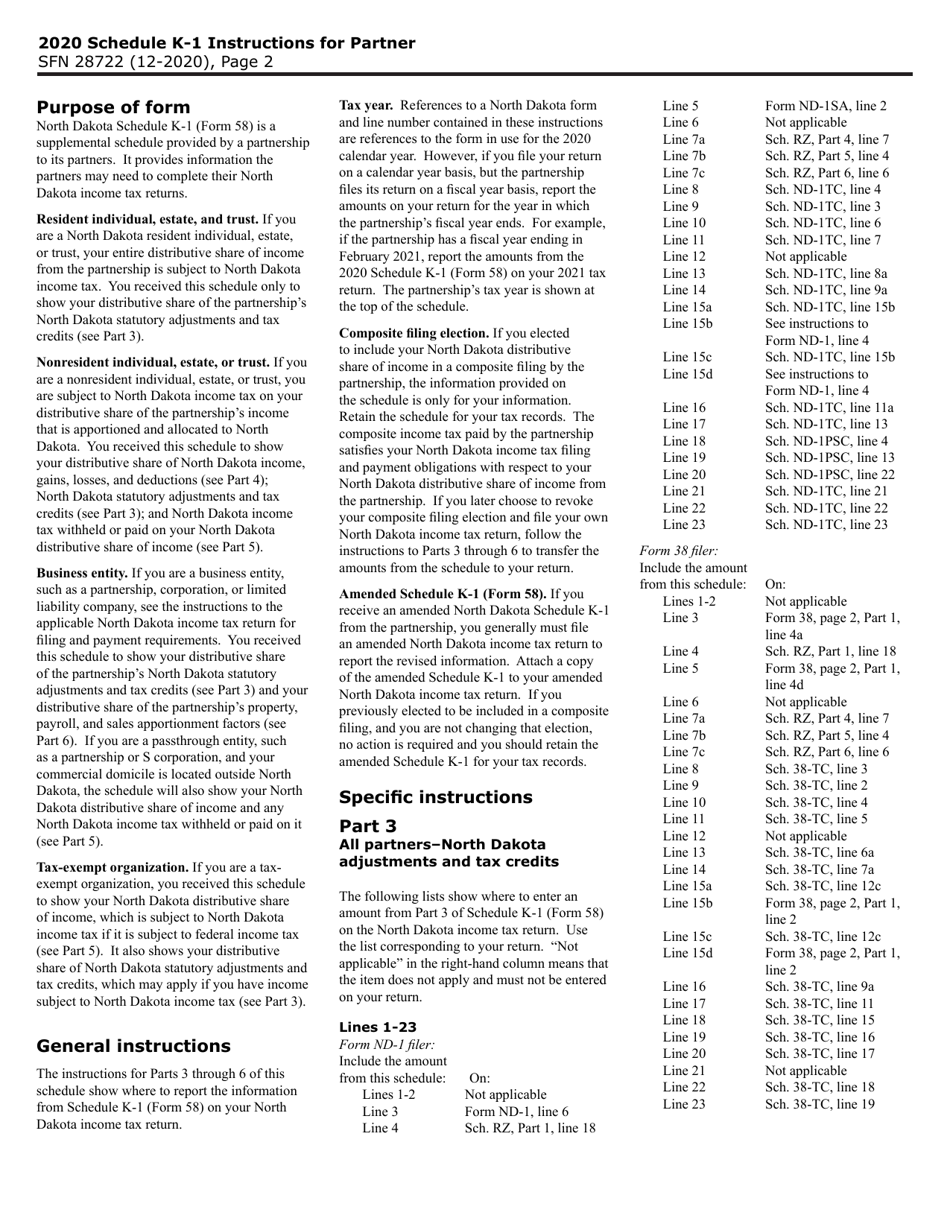 Form 58 (SFN28722) Schedule K-1 Partners Share of North Dakota Income (Loss), Deductions, Adjustments, Credits, and Other Items - North Dakota, Page 2