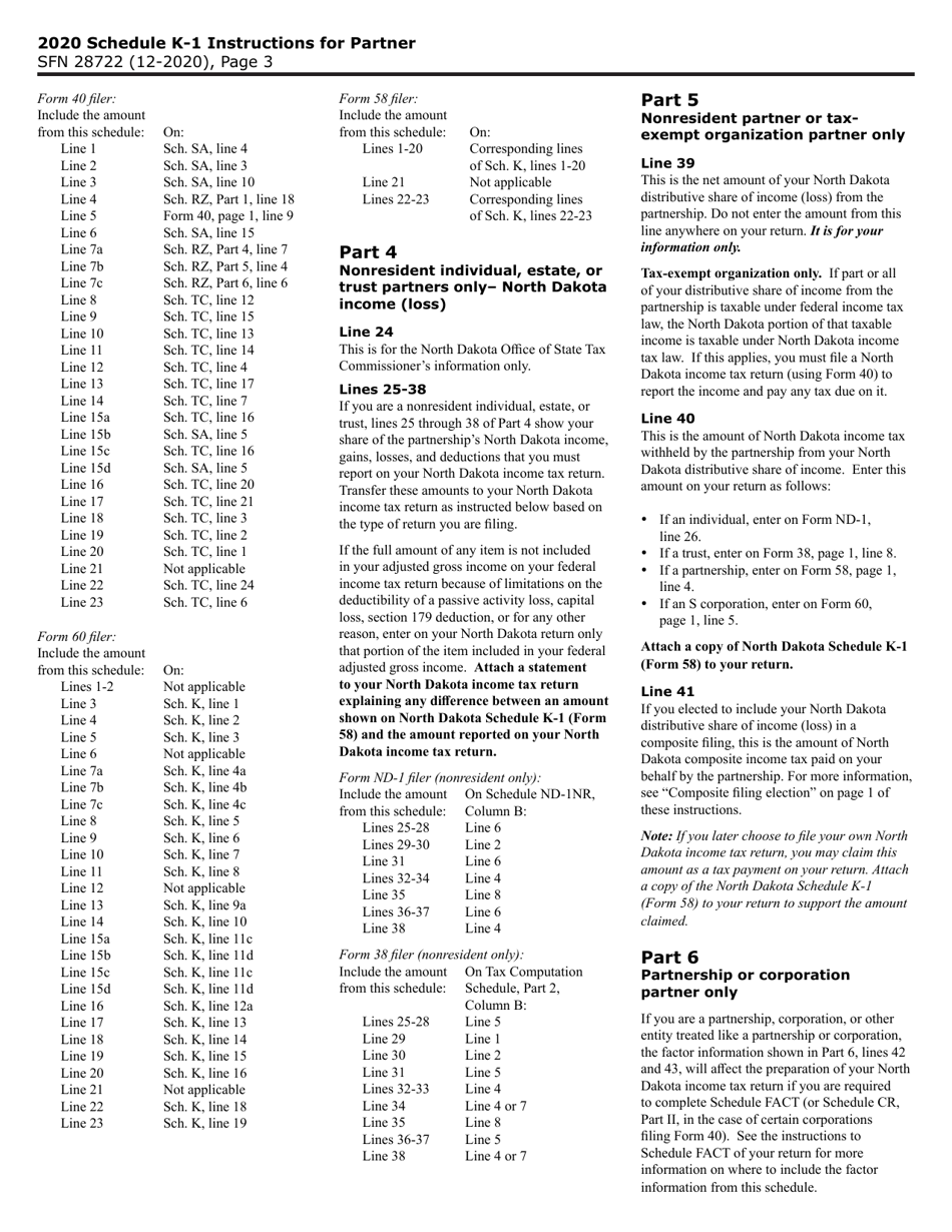 Form 58 (SFN28722) Schedule K-1 Partners Share of North Dakota Income (Loss), Deductions, Adjustments, Credits, and Other Items - North Dakota, Page 3