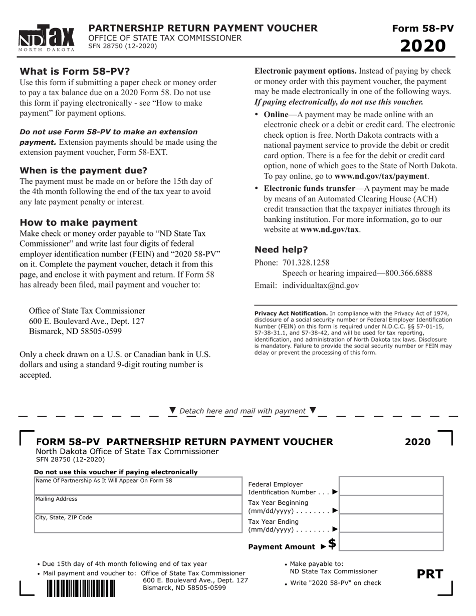 Form 58-PV (SFN28750) Partnership Return Payment Voucher - North Dakota, Page 1