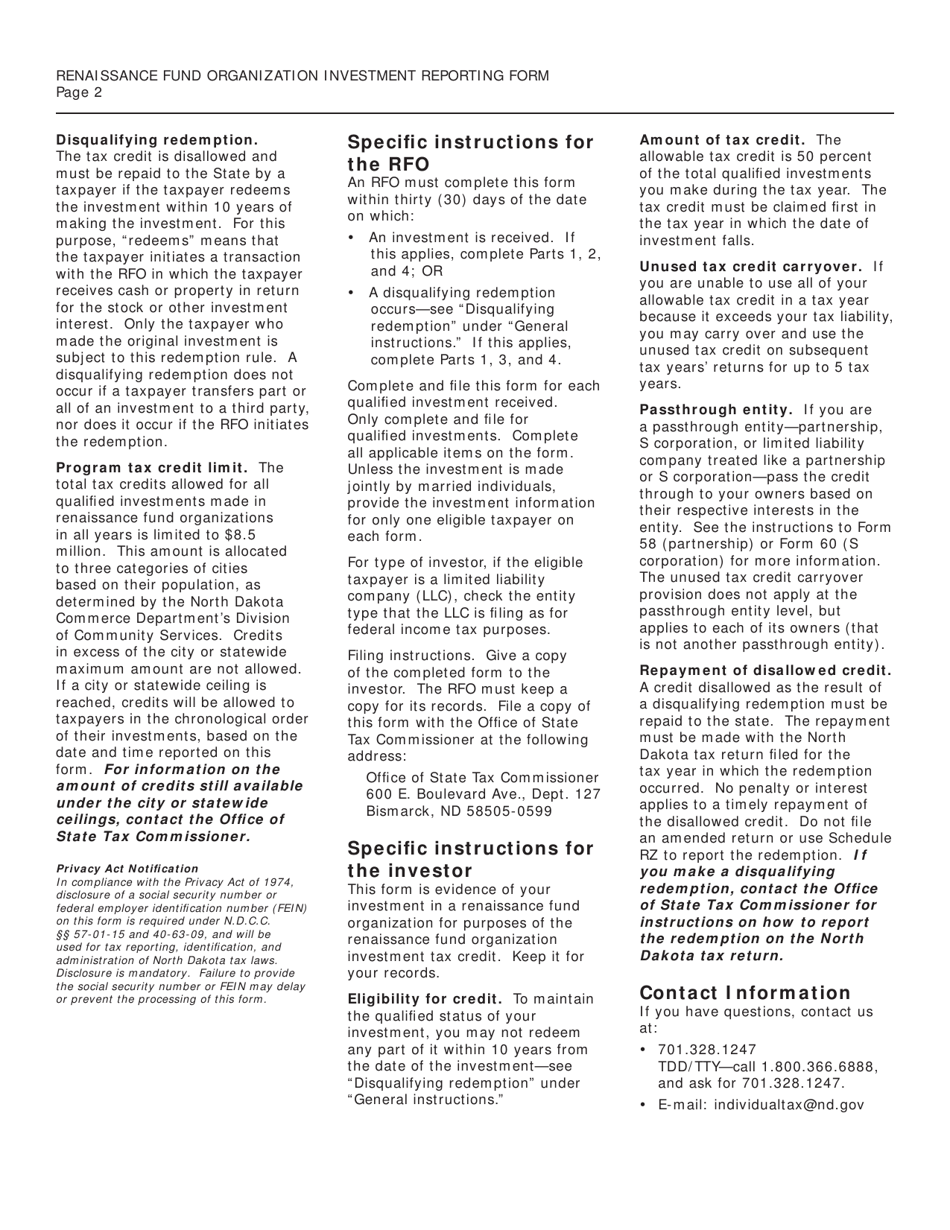 Form SFN28239 Renaissance Fund Organization Investment Reporting Form - North Dakota, Page 2