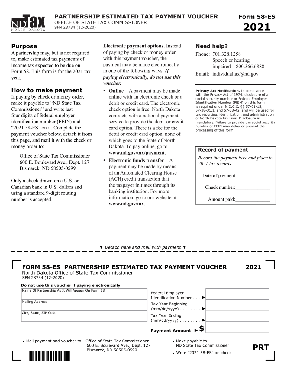 Form 58-ES (SFN28734) Partnership Estimated Tax Payment Voucher - North Dakota, Page 1