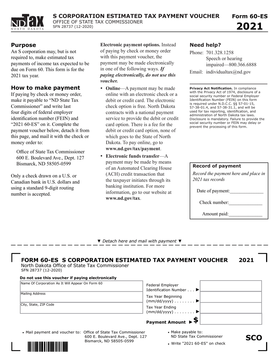 Form 60-ES (SFN28737) S Corporation Estimated Tax Payment Voucher - North Dakota, Page 1