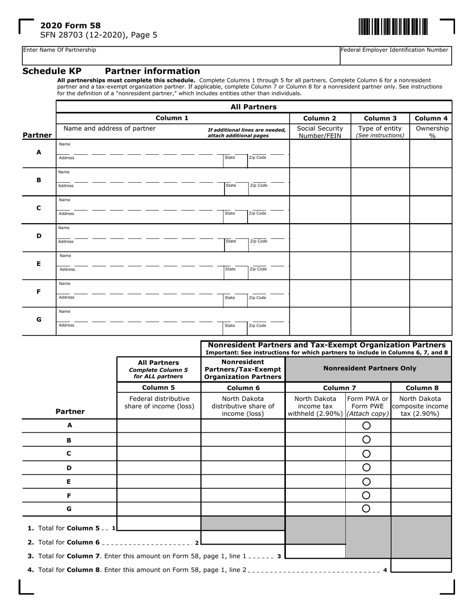 Form 58 (SFN28703) Schedule KP Partner Information - North Dakota, Page 1