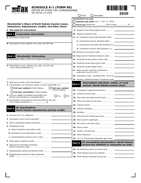 Form 60 (SFN28738) Schedule K-1 2020 Printable Pdf