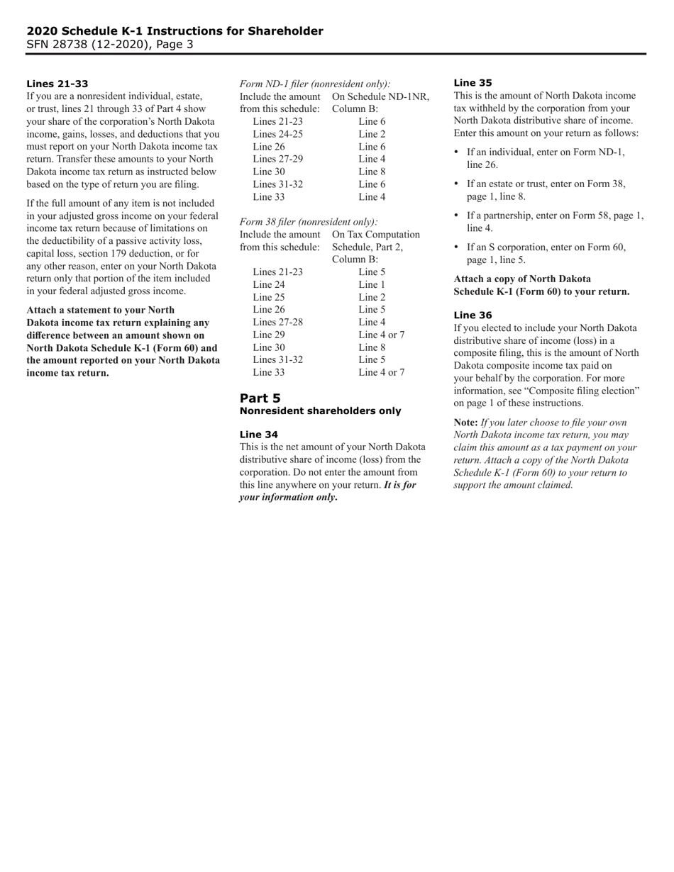 Form 60 (SFN28738) Schedule K-1 Shareholders Share of North Dakota Income (Loss), Deductions, Adjustments, Credits, and Other Items - North Dakota, Page 3