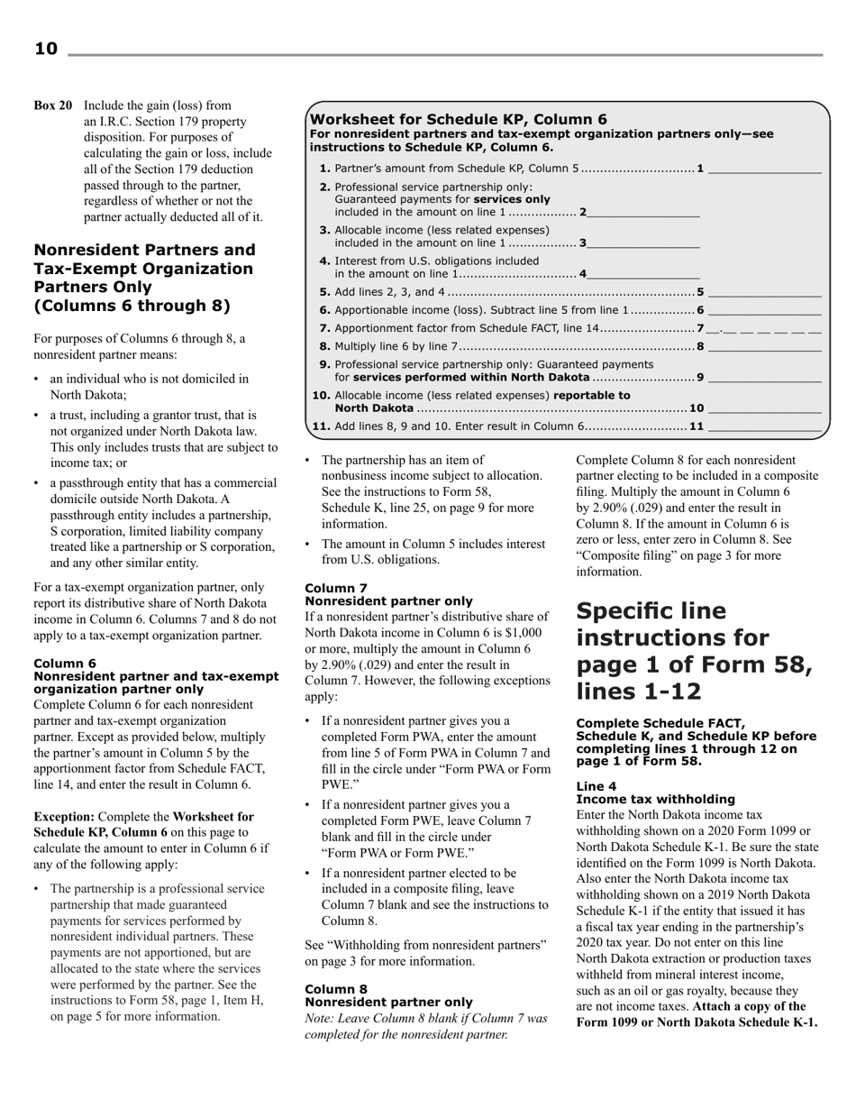 Instructions for Form 58, SFN28703 Partnership Income Tax Return - North Dakota, Page 12