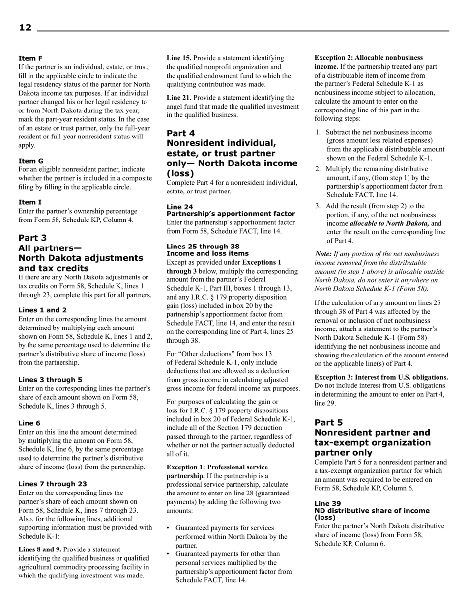 Instructions for Form 58, SFN28703 Partnership Income Tax Return - North Dakota, Page 14