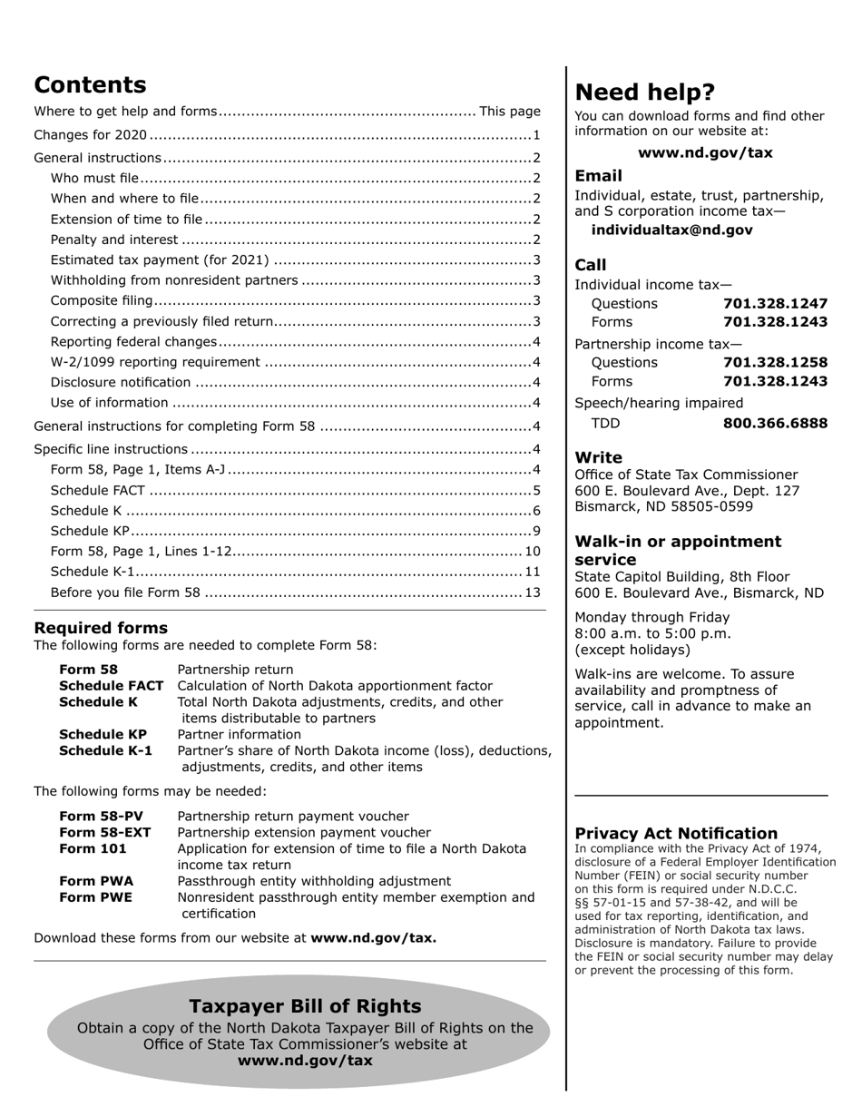 Instructions for Form 58, SFN28703 Partnership Income Tax Return - North Dakota, Page 2