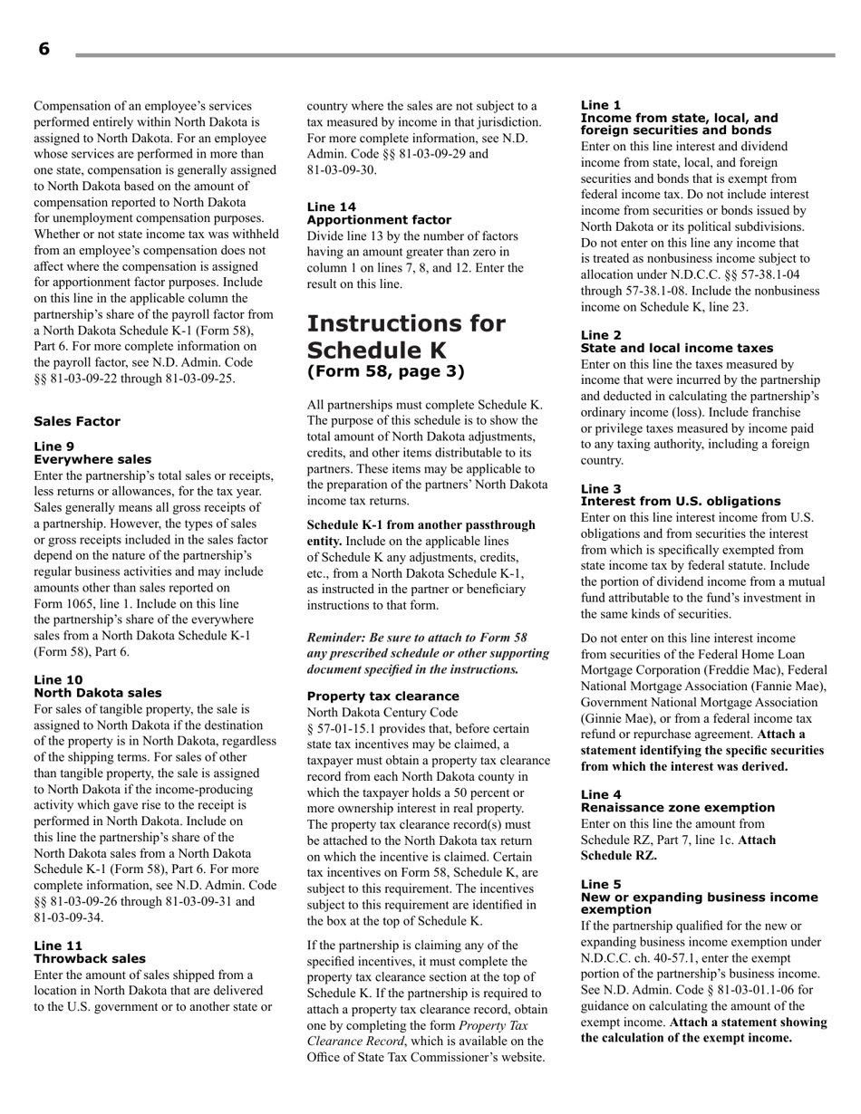 Instructions for Form 58, SFN28703 Partnership Income Tax Return - North Dakota, Page 8