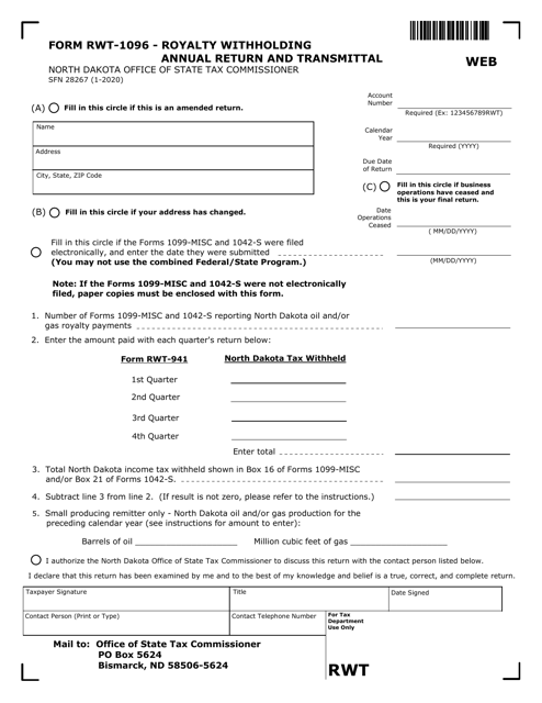 Form RWT-1096 (SFN28267) Royalty Withholding Annual Return and Transmittal - North Dakota