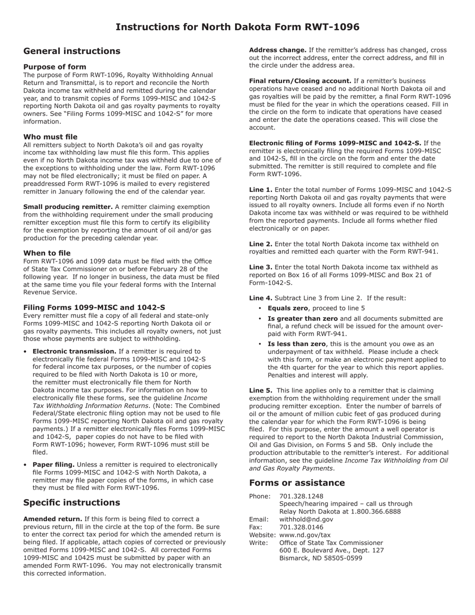 Form RWT-1096 (SFN28267) Royalty Withholding Annual Return and Transmittal - North Dakota, Page 2