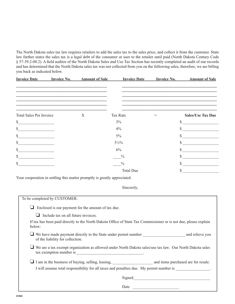 Form 21943 Audit Bill Back Form - North Dakota, Page 1