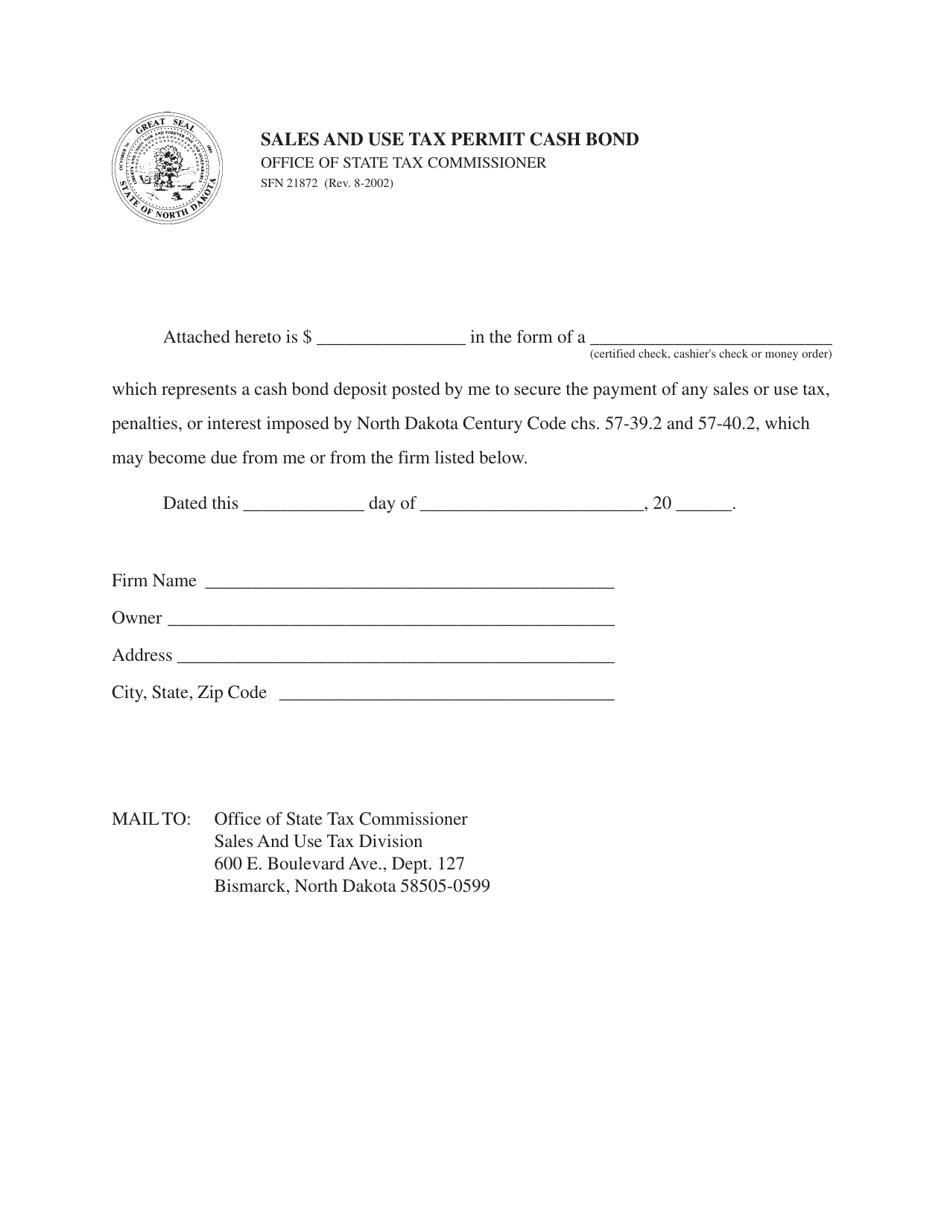 Form SFN21872 Sales and Use Tax Permit Cash Bond - North Dakota, Page 1