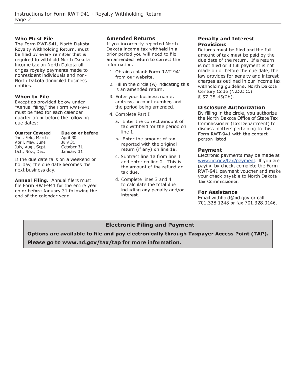 Form RWT-941 (SFN28261) Royalty Withholding Return - North Dakota, Page 2