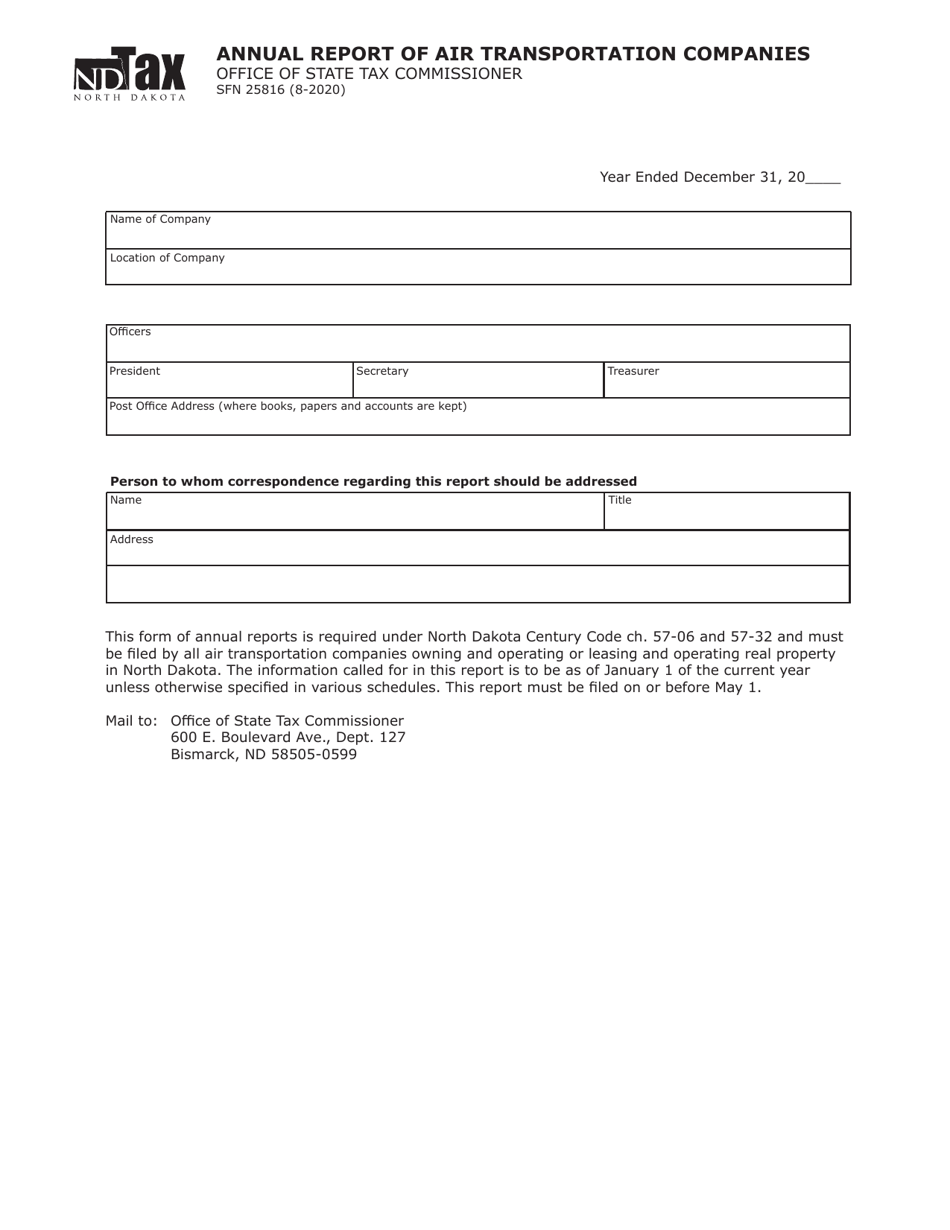 Form SFN25816 Annual Report of Air Transportation Companies - North Dakota, Page 1