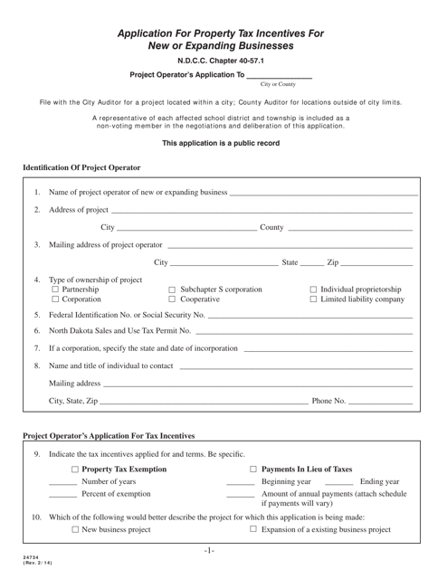 Form 24734 Application for Property Tax Incentives for New or Expanding Businesses - North Dakota