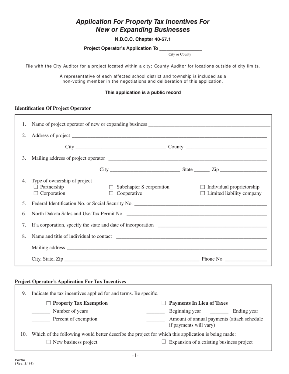 Form 24734 Application for Property Tax Incentives for New or Expanding Businesses - North Dakota, Page 1