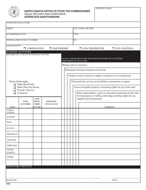 Form 22003 Interstate Questionnaire - North Dakota