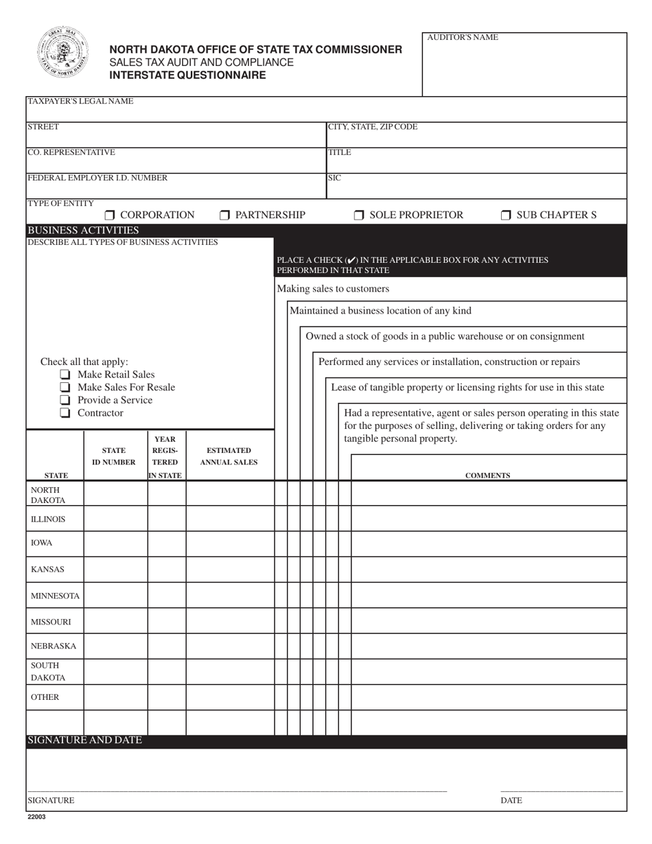 Form 22003 Interstate Questionnaire - North Dakota, Page 1