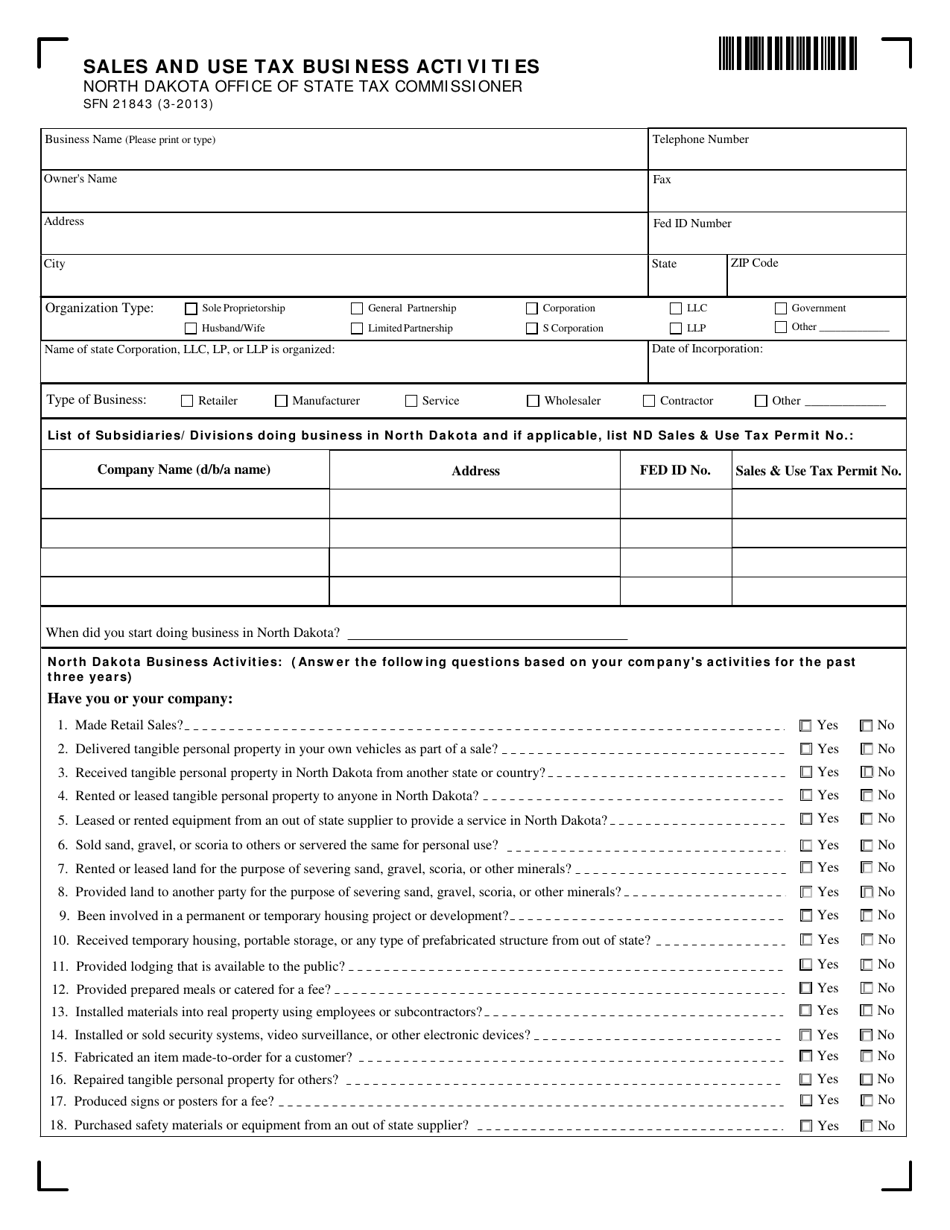 Form SFN21843 Sales and Use Tax Business Activities - North Dakota, Page 1