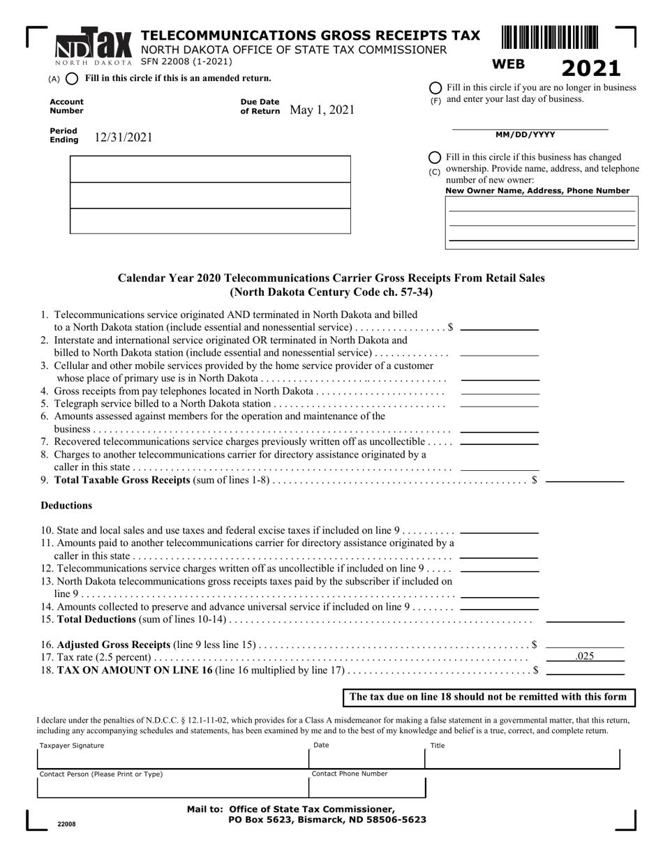 Form SFN22008 Telecommunications Gross Receipts Tax - North Dakota, Page 1
