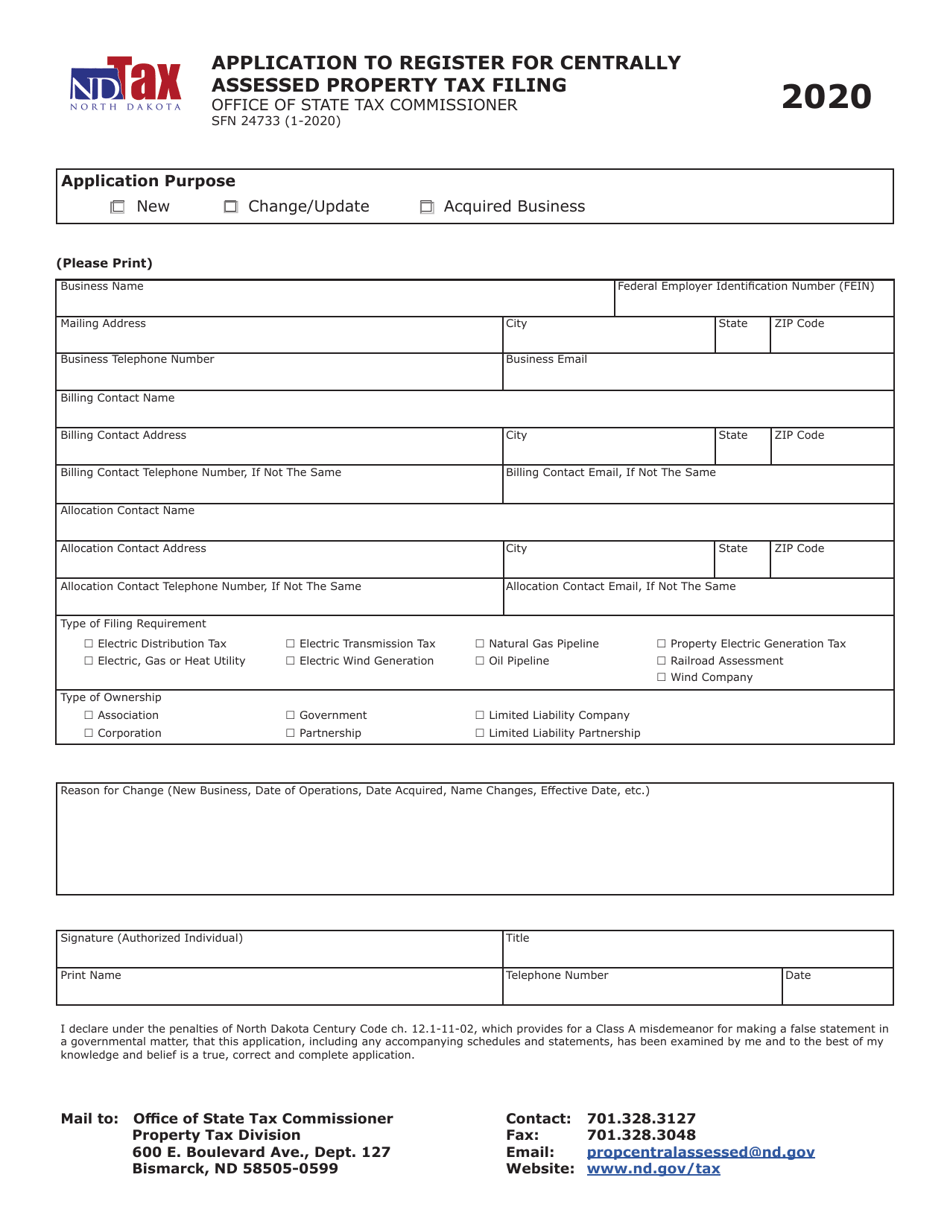 Form SFN24733 Application to Register for Centrally Assessed Property Tax Filing - North Dakota, Page 1