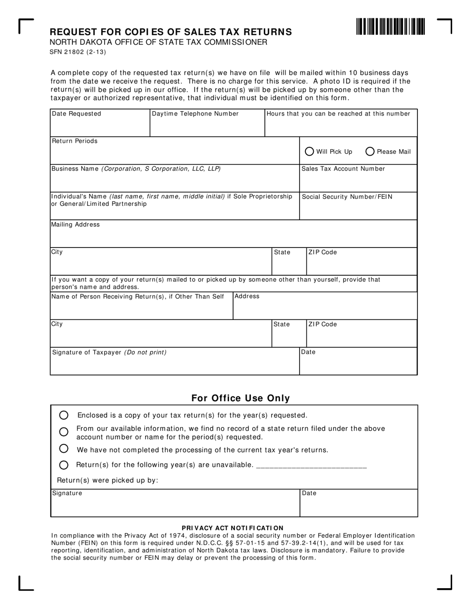 Form SFN21802 Request for Copies of Sales Tax Returns - North Dakota, Page 1