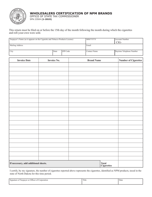 Form SFN23504 Wholesalers Certification of Npm Brands - North Dakota