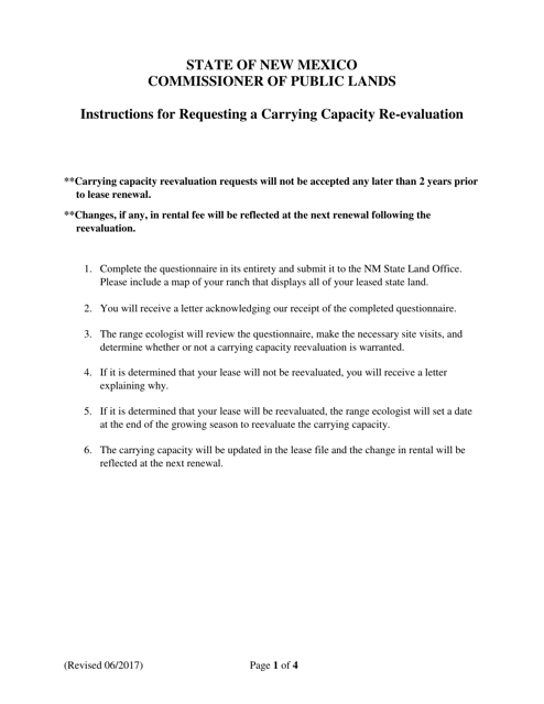 Carrying Capacity Re-evaluation Questionnaire - New Mexico Download Pdf