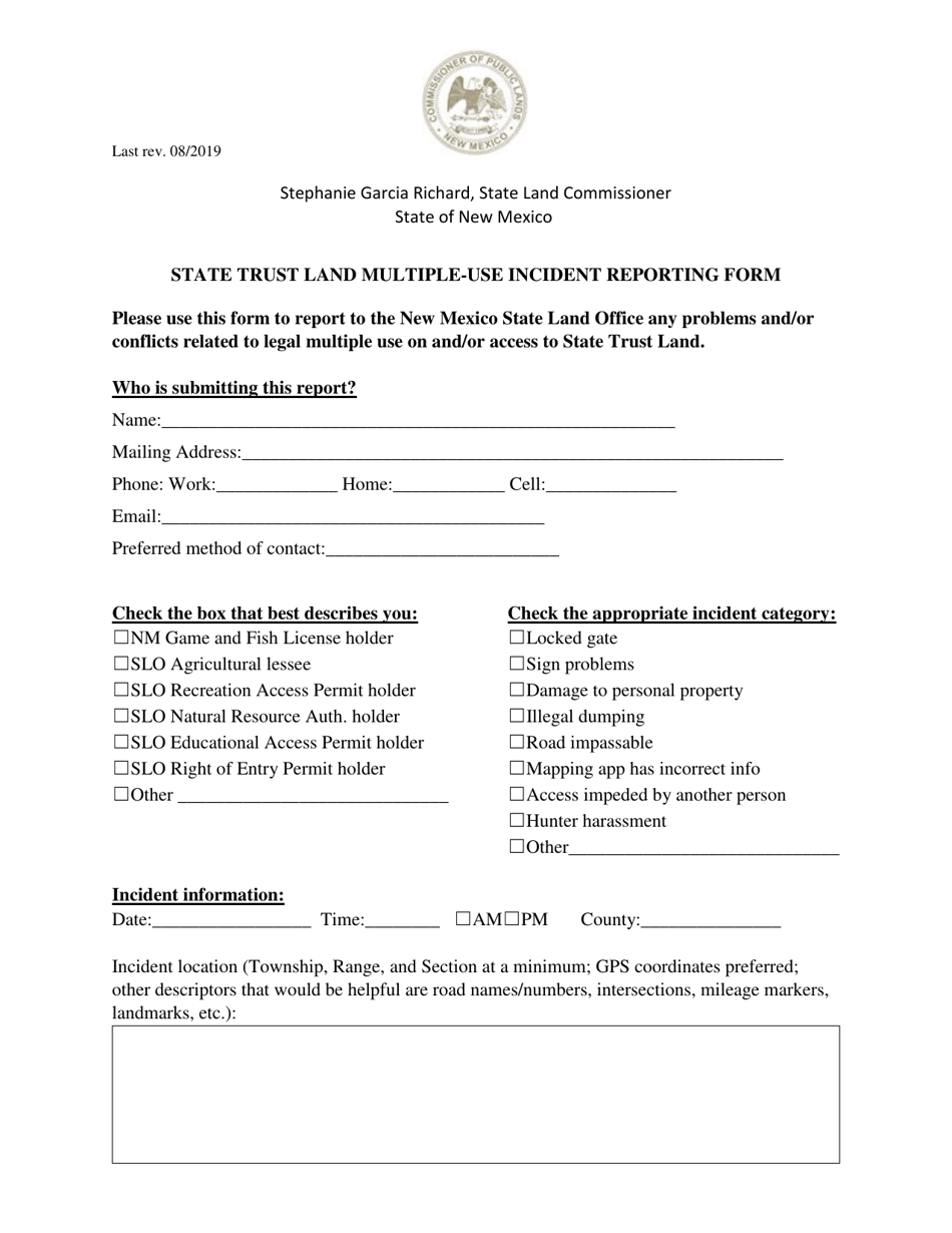 New Mexico State Trust Land Multiple-Use Incident Reporting Form ...