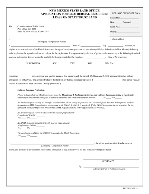 Application for Geothermal Resources Lease on State Trust Land - New Mexico Download Pdf
