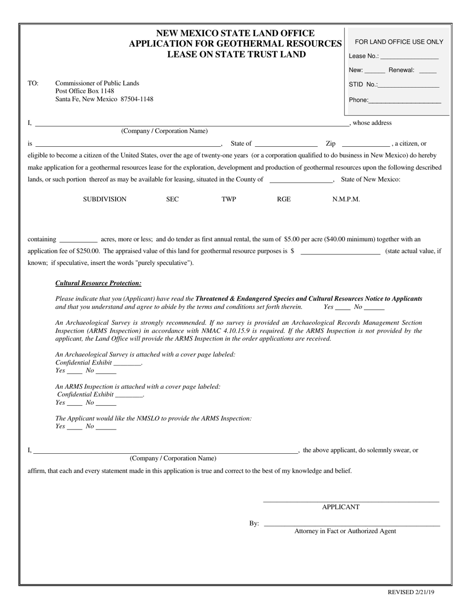 Application for Geothermal Resources Lease on State Trust Land - New Mexico, Page 1