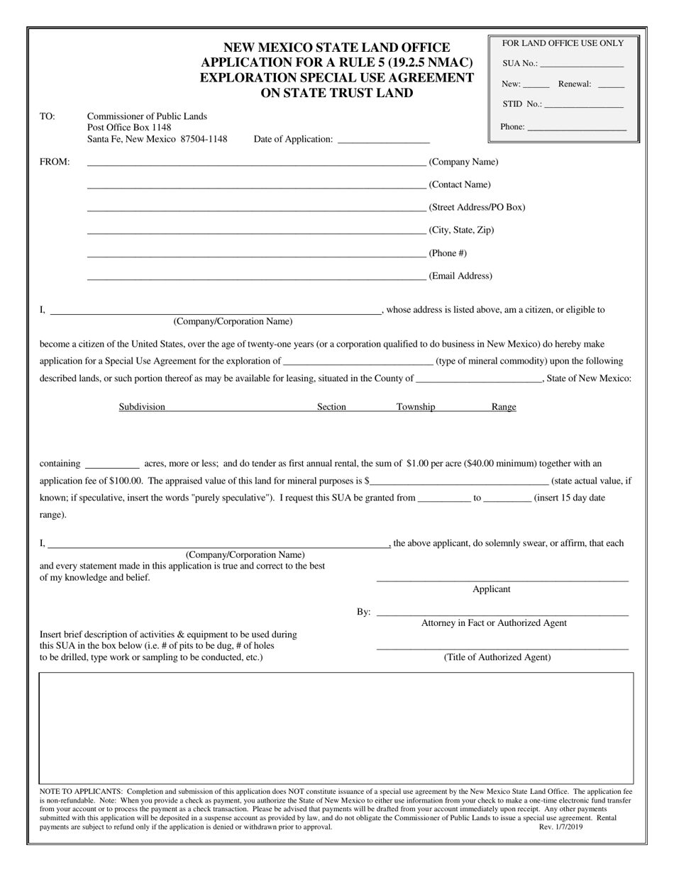 Application for a Rule 5 (19.2.5 Nmac) Exploration Special Use Agreement on State Trust Land - New Mexico, Page 1