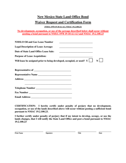 Oil and Gas Bond Waiver Request and Certification Form - New Mexico Download Pdf
